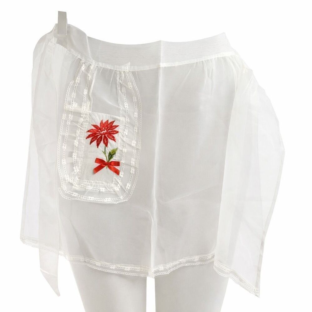 Vintage 60’s White Sheer Lace Embroidered Red Poinsetta With Bow Christmas NWOT